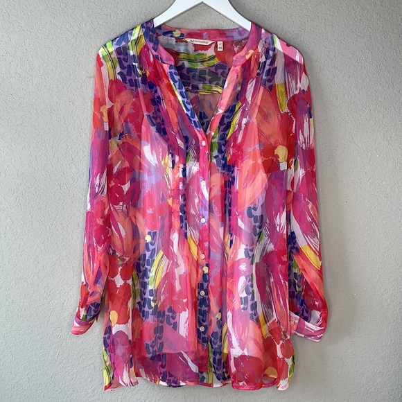 Soft Surroundings Sheer Multicolor Summer Festival Tunic Button Down Size L - Picture 3 of 16